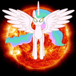 Size: 2400x2400 | Tagged: safe, artist:guardian talon, princess celestia, alicorn, pony, angry, cover art, glowing eyes, missing accessory, solo, sun, sun god