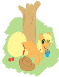 Size: 760x1000 | Tagged: safe, artist:enshems, applejack, earth pony, pony, apple, bendy straw, drink, drinking, drinking straw, food, newbie artist training grounds, simple background, solo, transparent background