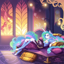 Size: 1500x1500 | Tagged: safe, artist:ladychimaera, princess celestia, alicorn, anthro, dragon, unguligrade anthro, beautiful, bedroom, book, clothes, female, leg warmers, mare, nail polish, reading, relaxing, side slit, skirt, socks, solo, window