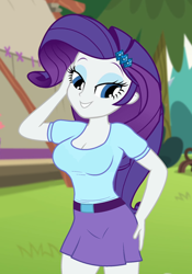 Size: 650x930 | Tagged: safe, edit, edited screencap, editor:ah96, screencap, rarity, equestria girls, legend of everfree, belt, breast edit, breasts, cleavage, clothes, cropped, female, hand on hip, like what you see?, looking at you, miniskirt, outdoors, raritits, shirt, skirt, solo