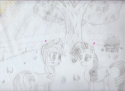 Size: 3500x2544 | Tagged: safe, artist:ilukaappledash, applejack, rarity, earth pony, pony, unicorn, female, lesbian, mare, monochrome, newbie artist training grounds, rarijack, shipping, traditional art