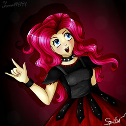 Size: 1000x1000 | Tagged: safe, artist:terezas474747, pinkie pie, human, armor, armor skirt, babymetal, choker, clothes, devil horn (gesture), humanized, nail polish, shirt, skirt, solo, spiked choker