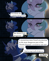 Size: 1768x2196 | Tagged: safe, artist:moonaknight13, princess celestia, princess luna, alicorn, pony, comic:the magic within, comic series, dungeon, frown, smiling, text, walk cycle, walking