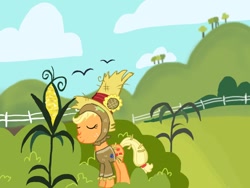 Size: 1024x768 | Tagged: safe, artist:cobralash, applejack, earth pony, pony, clothes, corn, costume, food, newbie artist training grounds, scarecrow