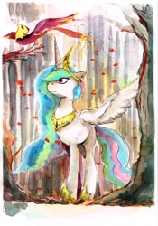 Size: 2409x3437 | Tagged: safe, artist:mashiromiku, philomena, princess celestia, alicorn, phoenix, pony, forest, traditional art, tree, watercolor painting