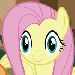 Size: 334x334 | Tagged: safe, screencap, applejack, fluttershy, earth pony, pegasus, pony, viva las pegasus, dead stare, faic, las pegasus stare, reaction image, smiling, thousand yard stare