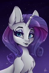 Size: 853x1280 | Tagged: safe, artist:athenawhite, rarity, pony, unicorn, beautiful, bust, chest fluff, ear fluff, eyeshadow, female, glowing horn, horn, lipstick, looking at you, makeup, mare, night, night sky, portrait, purple lipstick, sky, smiling, solo, stars