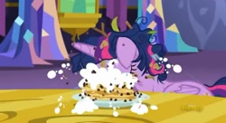 Size: 853x465 | Tagged: safe, derpibooru import, screencap, twilight sparkle, twilight sparkle (alicorn), alicorn, pony, castle sweet castle, female, mare, messy, pancakes, sleeping