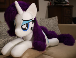 Size: 1024x781 | Tagged: safe, artist:ponimalion, rarity, pony, unicorn, bed, life size, plushie