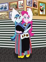 Size: 1700x2300 | Tagged: safe, artist:robukun, pinkie pie, sonata dusk, equestria girls, clothes, dress, dutch, dutch cap, hat, hug