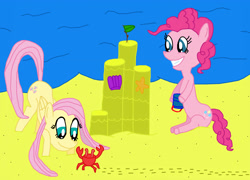 Size: 3192x2298 | Tagged: safe, artist:sb1991, fluttershy, pinkie pie, crab, pegasus, pony, beach, bucket, challenge, equestria amino, sandcastle, shell, starfish