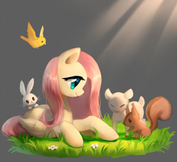 Size: 1200x1098 | Tagged: safe, artist:r1629, angel bunny, fluttershy, bird, canary, chipmunk, deer, lamb, pegasus, pony, rabbit, sheep, squirrel, cute, fawn, female, flower, folded wings, grass, gray background, male, mare, profile, prone, shyabetes, simple background, solo, sunlight, wings