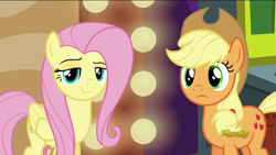 Size: 1920x1080 | Tagged: safe, screencap, applejack, fluttershy, earth pony, pegasus, pony, viva las pegasus, raised eyebrow, smug, smugshy