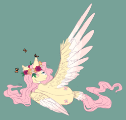 Size: 2687x2549 | Tagged: safe, artist:pndrws, fluttershy, butterfly, pegasus, pony, both cutie marks, cheek fluff, colored sketch, colored wings, colored wingtips, eyes closed, female, floral head wreath, flower, green background, head turn, mare, on side, one wing out, rear view, simple background, smiling, solo, spread wings, tail feathers, wings