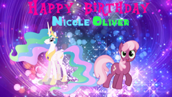 Size: 1720x967 | Tagged: safe, artist:amazinmax, artist:jawsandgumballfan24, artist:simplyfeatherbrain, cheerilee, princess celestia, alicorn, earth pony, pony, duo, female, happy birthday, mare, nicole oliver, voice actor