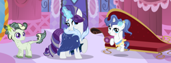 Size: 3637x1353 | Tagged: safe, artist:galaxyswirlsyt, rarity, oc, oc:burnity, oc:sky city, dracony, hybrid, pony, unicorn, base used, carousel boutique, female, filly, half-siblings, interspecies offspring, magic, male, offspring, older, older rarity, parent:fancypants, parent:rarity, parent:spike, parents:raripants, parents:sparity