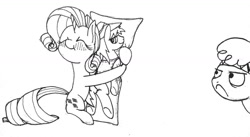 Size: 1280x700 | Tagged: safe, artist:ewoudcponies, braeburn, little strongheart, rarity, pony, unicorn, black and white, blushing, body pillow, braeheart, eyes closed, female, grayscale, hug, jealous, male, monochrome, rariburn, shipping, sketch, straight, unamused