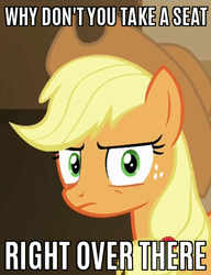 Size: 368x480 | Tagged: safe, edit, edited screencap, screencap, applejack, earth pony, pony, viva las pegasus, caption, chris hansen, image macro, meme, reaction image, solo, text