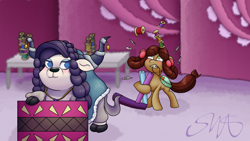 Size: 1920x1080 | Tagged: safe, artist:swasfews, rarity, yona, earth pony, pony, yak, she's all yak, duo, fabric, ponified, pony yona, role reversal, sewing needle, signature, species swap, thread, yakified, yakity