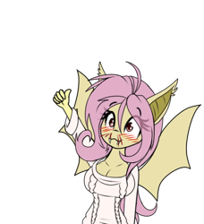 Size: 500x549 | Tagged: safe, artist:silverfox057, fluttershy, anthro, bat pony, big breasts, blood, blushing, breasts, cleavage, clothes, cute, eye clipping through hair, eyebrows visible through hair, fangs, female, flutterbat, hoodie, hootershy, nosebleed, race swap, simple background, solo, spread wings, thumbs up, transparent background, wings
