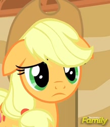 Size: 539x621 | Tagged: safe, screencap, applejack, earth pony, pony, viva las pegasus, :c, discovery family logo, floppy ears, sad, solo