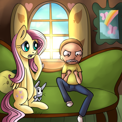 Size: 2880x2880 | Tagged: safe, artist:lamentedmusings, angel bunny, fluttershy, pegasus, pony, crossover, furniture, gritted teeth, morty smith, rick and morty, sitting