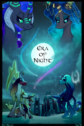 Size: 1280x1920 | Tagged: safe, artist:astralmelodia, princess celestia, princess luna, oc, oc:equinox (astralmelodia), oc:solstice (astralmelodia), alicorn, pony, unicorn, comic:era of night, alternate universe, cloud, moon, stars, text