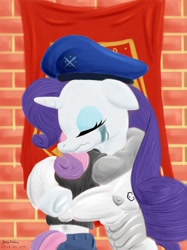 Size: 1024x1366 | Tagged: safe, artist:rockhoppr3, rarity, sweetie belle, pony, semi-anthro, unicorn, alternate universe, armor, beret, clothes, crossover, crying, flag, hat, hug, x-com, xcom 2