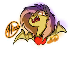 Size: 252x193 | Tagged: safe, artist:xxmarkingxx, fluttershy, bat pony, pony, apple, fangs, female, flutterbat, food, looking at you, mare, race swap, simple background, solo, transparent background