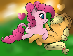 Size: 1724x1320 | Tagged: safe, artist:sarath-15, applejack, pinkie pie, earth pony, pony, applepie, bad anatomy, female, heart, lesbian, mare, shipping