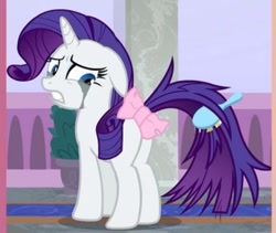 Size: 479x404 | Tagged: safe, screencap, rarity, pony, unicorn, school raze, butt, cropped, makeup, marshmelodrama, mascarity, messy tail, plot, rarity being rarity, ribbon, running makeup, tail