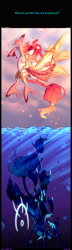 Size: 1280x4460 | Tagged: safe, artist:astralmelodia, princess celestia, princess luna, alicorn, pony, comic:era of night, alternate universe, bubble, cloud, ocean, tendrils, text, underwater