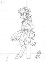 Size: 2550x3510 | Tagged: safe, artist:supra80, rarity, oc, oc:bittersweet, anthro, bird, pegasus, pigeon, unguligrade anthro, clothes, female, headphones, hoodie, jeans, monochrome, pants, sketch, solo, traditional art