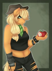 Size: 536x737 | Tagged: safe, artist:rainbowhitter, applejack, anthro, apple, bracelet, clothes, emo, food, hat, jewelry, midriff, neckerchief, solo, spiked wristband