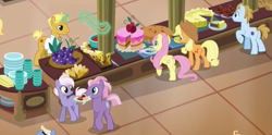 Size: 1067x531 | Tagged: safe, screencap, applejack, burning passion, fluttershy, gourmand ramsay, horseshoe comet, opulence, earth pony, pegasus, pony, viva las pegasus, gordon ramsay, las pegasus resident