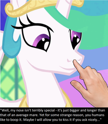 Size: 752x868 | Tagged: safe, edit, edited screencap, screencap, princess celestia, oc, oc:anon, alicorn, human, celestial advice, boop, boop edit, bronybait, caption, cropped, cute, disembodied hand, hand, happy, looking at something, meta