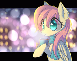 Size: 3300x2631 | Tagged: safe, artist:kawaiipony2, fluttershy, pegasus, pony, clothes, coffee, cup, cute, female, mare, scarf, shyabetes, solo, steam