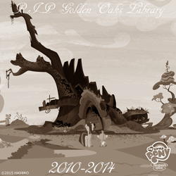 Size: 720x720 | Tagged: safe, derpibooru import, edit, spike, twilight sparkle, twilight sparkle (alicorn), alicorn, dragon, castle sweet castle, golden oaks library, my little pony logo, rest in peace, text