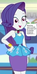 Size: 297x594 | Tagged: safe, edit, edited screencap, editor:thomasfan45, screencap, rarity, better together, equestria girls, holidays unwrapped, 1000 hours in ms paint, alternate eye color, beautiful, blouse, bracelet, brainwashing, canterlot mall, clothes, cropped, cute, dashing through the mall, description is relevant, female, food court, hand on hip, jewelry, love spell, mind control, necklace, offscreen character, open mouth, pencil skirt, pink eyes, raribetes, skirt, smiling, solo, speech bubble, story included