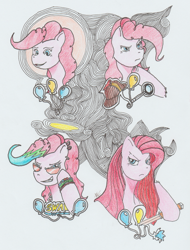 Size: 2111x2779 | Tagged: safe, artist:touki-san, pinkie pie, earth pony, pony, bust, deerstalker, hat, high res, knife, magnifying glass, pinkamena diane pie, portrait, sunglasses, traditional art