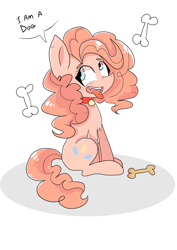 Size: 1280x1810 | Tagged: safe, artist:melissalulu, pinkie pie, pony, behaving like a dog, bone, collar, dialogue, female, pony pet, sitting, solo, tongue out