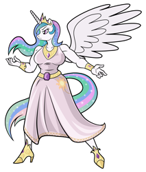 Size: 1600x1882 | Tagged: safe, artist:wangkingfun, princess celestia, alicorn, anthro, big breasts, breasts, female, simple background, solo