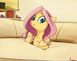 Size: 2500x2000 | Tagged: safe, artist:miokomata, fluttershy, pegasus, pony, cute, doge, female, floppy ears, looking at you, mare, picture frame, ponified animal photo, prone, shyabetes, sofa, solo, sweet dreams fuel