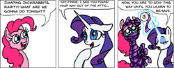 Size: 915x357 | Tagged: safe, artist:gingerfoxy, pinkie pie, rarity, pony, unicorn, pony comic generator, bondage, comic, mummification, ribbon