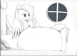 Size: 7014x5100 | Tagged: safe, artist:taurson, fluttershy, pegasus, pony, absurd resolution, bed, inktober, solo, traditional art