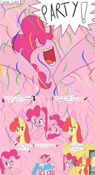 Size: 2400x4400 | Tagged: safe, artist:jake heritagu, apple bloom, pinkie pie, pony, comic:ask motherly scootaloo, balloon, birthday party, cake, comic, confetti, food, hat, ice cream, party, party hat, singing, streamers, sugarcube corner