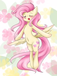 Size: 1200x1600 | Tagged: safe, artist:azurepicker, fluttershy, pegasus, pony, abstract background, belly button, blushing, butt wings, cute, shyabetes, solo