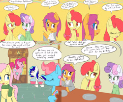 Size: 2400x2000 | Tagged: safe, artist:jake heritagu, apple bloom, cup cake, dj pon-3, fluttershy, pinkie pie, scootaloo, sweetie belle, vinyl scratch, pegasus, pony, comic:ask motherly scootaloo, ask dj pon3, ask-friendlyshy, birthday party, clothes, comic, cupcake, food, hairpin, motherly scootaloo, napkin, party, plate, sugarcube corner, sweatshirt, table