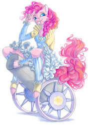 Size: 715x1000 | Tagged: safe, artist:chasingthesilverstag, pinkie pie, anthro, earth pony, unguligrade anthro, clothes, female, mare, party cannon, simple background, smiling, tongue out, traditional art, white background