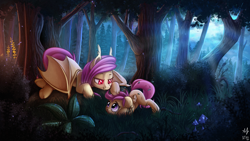 Size: 1920x1080 | Tagged: safe, artist:anti1mozg, artist:atlas-66, fluttershy, scootaloo, bat pony, pegasus, pony, collaboration, cute, cutealoo, fangs, female, filly, flutterbat, forest, grass, mare, moonlight, night, race swap, scenery, scootalove, shyabates, shyabetes, smiling